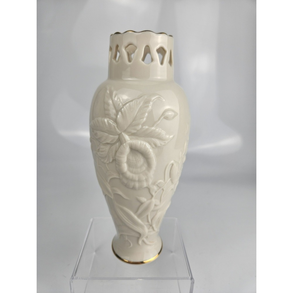 Lenox Orchid Grace‎ Ivory China Vase Pierced Rim Gold Trim 1990 USA